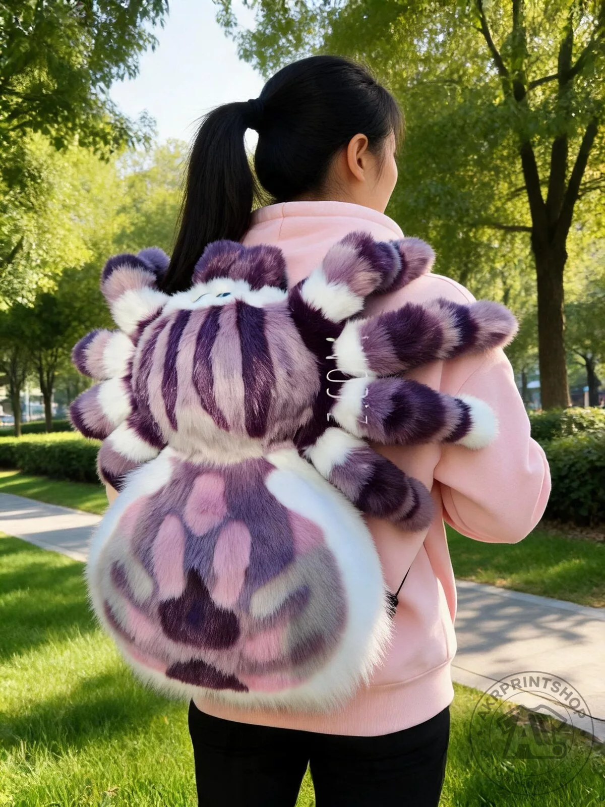 purple and white jumping spider plush backpack