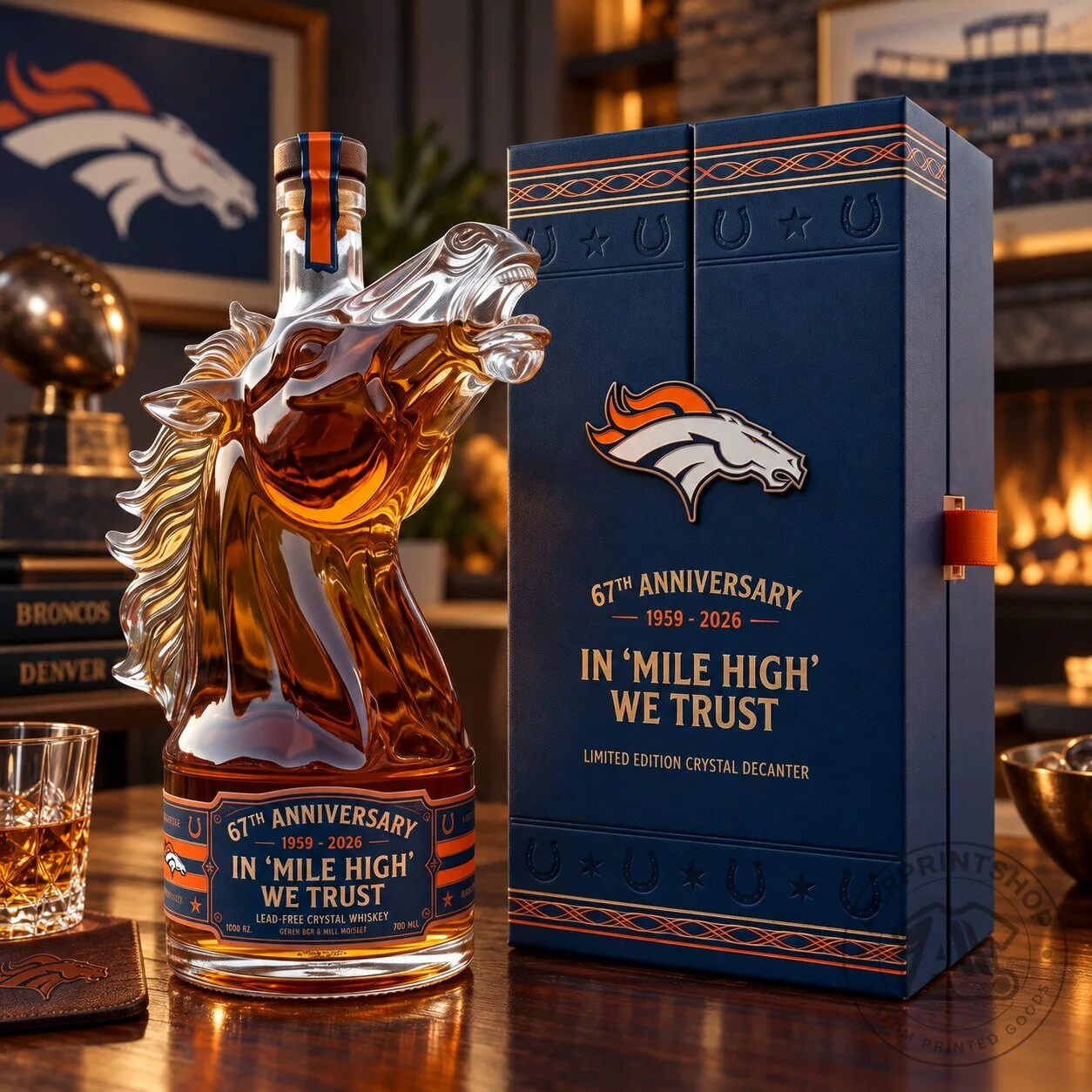 In 'Mile High' We Trust 67th Anniversary Sculpted Crystal Bottle Decanter