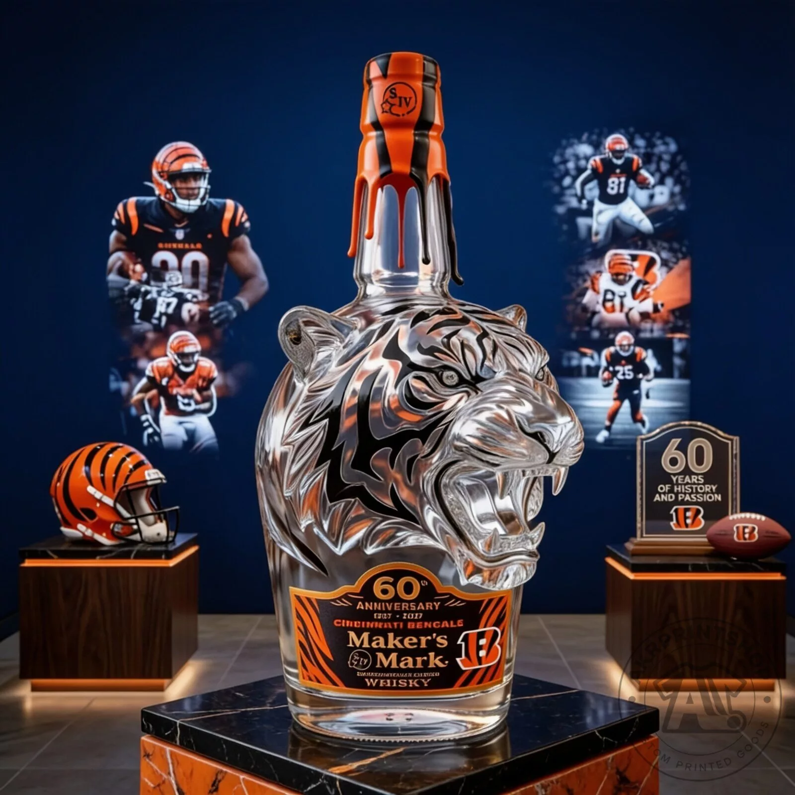 Cincinnati Bengals Maker’s Mark Tiger Head Bottle Decanter 3 Cincinnati Bengals Maker’s Mark Tiger Head Bottle Decanter product image showing design and details