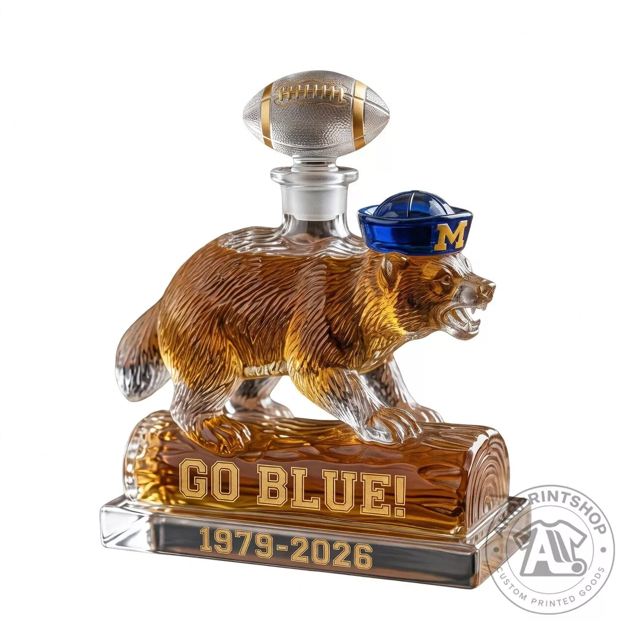Go Blue Wolverine Mascot Whiskey Bottle Decanter